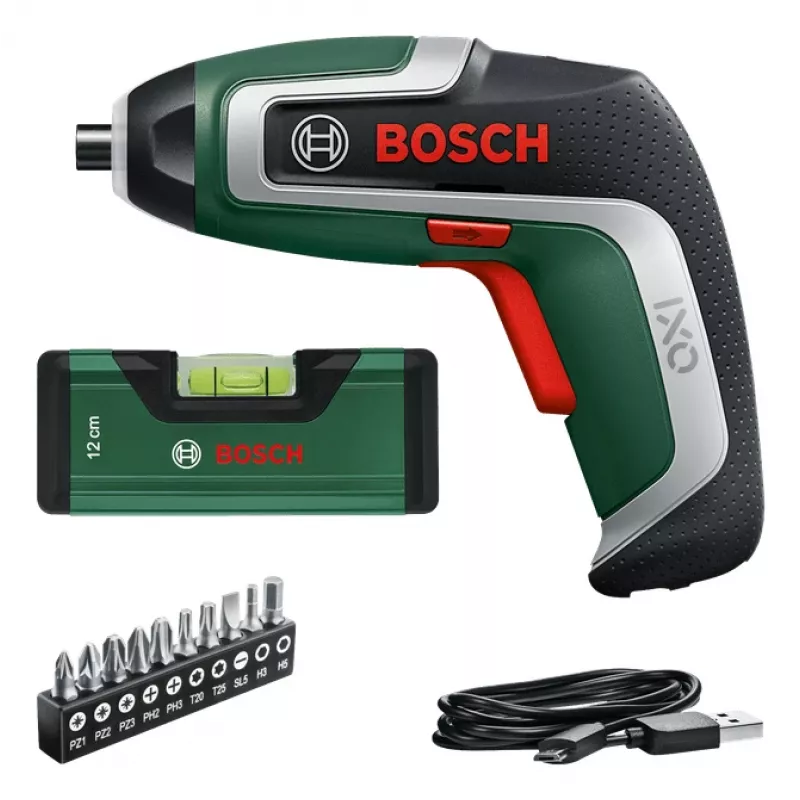 Belaidis atsuktuvas Bosch IXO 7 su 32 dalių antgalių rinkiniu, įkraunamas rankinis atsuktuvas