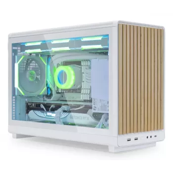 PC korpusas Lian Li A3-mATX Micro Tower — baltas su medžiu, palaiko ATX/SFX/SFX-L maitinimo šaltinius, Micro-ATX/Micro-ITX, 1x3,5 colio + 2x2,5 colio