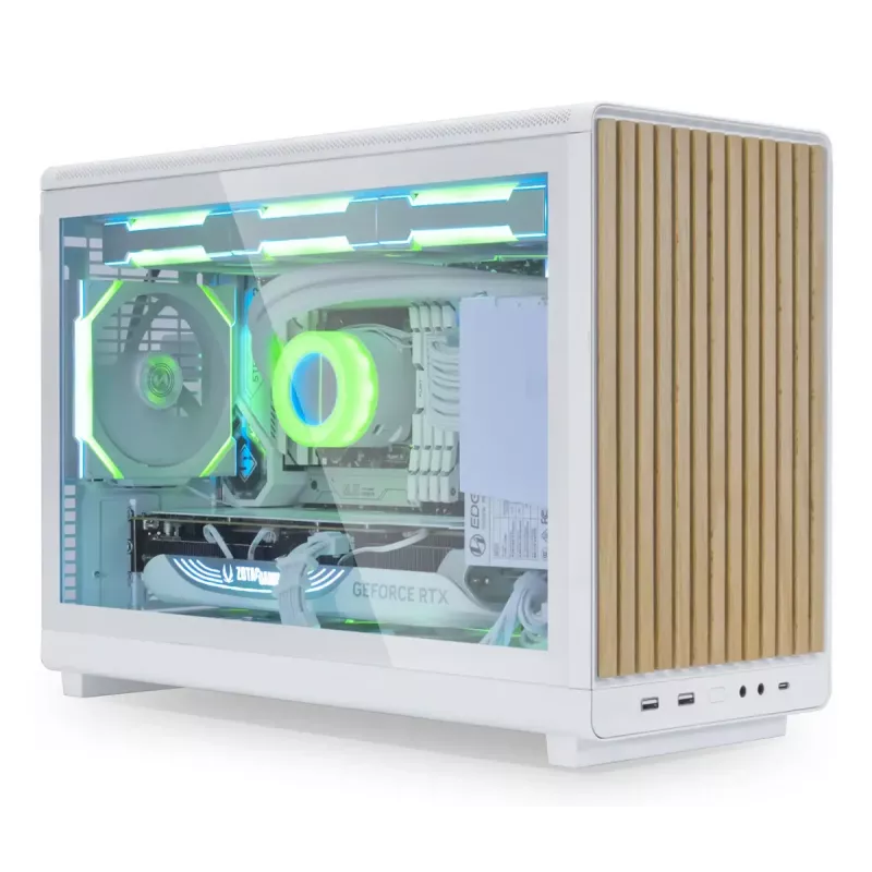 PC korpusas Lian Li A3-mATX Micro Tower — baltas su medžiu, palaiko ATX/SFX/SFX-L maitinimo šaltinius, Micro-ATX/Micro-ITX, 1x3,5 colio + 2x2,5 colio
