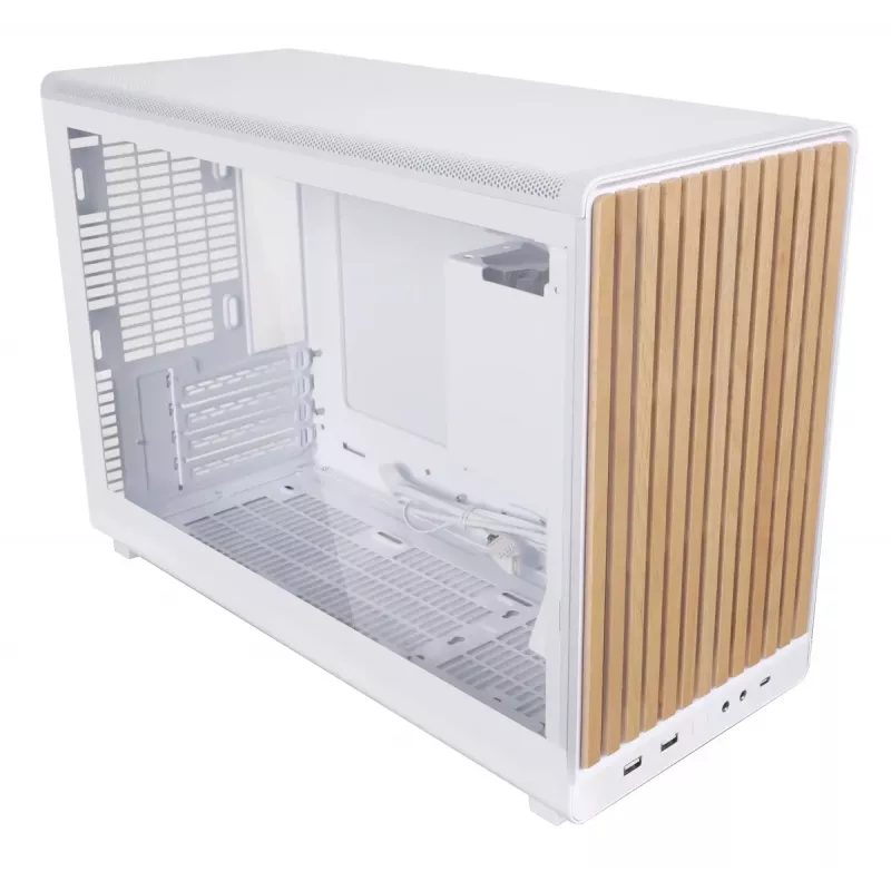 PC korpusas Lian Li A3-mATX Micro Tower — baltas su medžiu, palaiko ATX/SFX/SFX-L maitinimo šaltinius, Micro-ATX/Micro-ITX, 1x3,5 colio + 2x2,5 colio