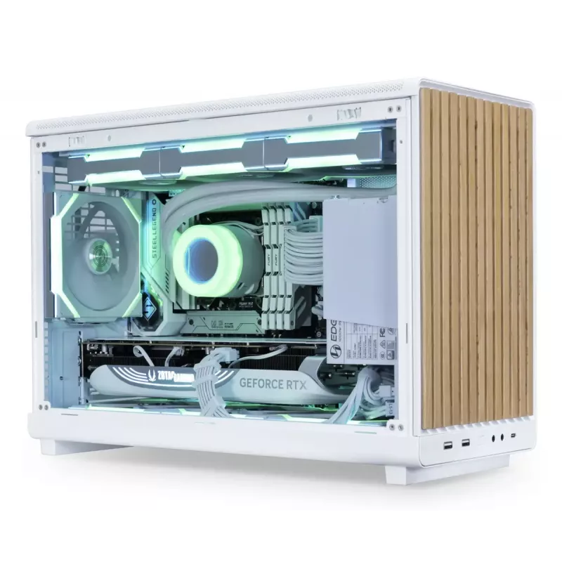 PC korpusas Lian Li A3-mATX Micro Tower — baltas su medžiu, palaiko ATX/SFX/SFX-L maitinimo šaltinius, Micro-ATX/Micro-ITX, 1x3,5 colio + 2x2,5 colio