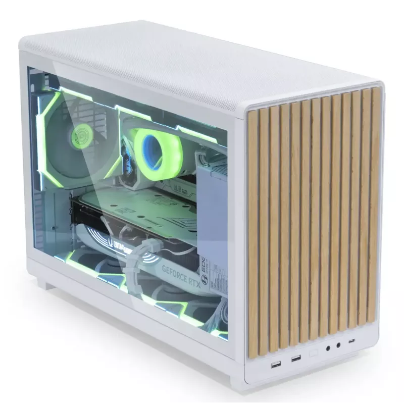 PC korpusas Lian Li A3-mATX Micro Tower — baltas su medžiu, palaiko ATX/SFX/SFX-L maitinimo šaltinius, Micro-ATX/Micro-ITX, 1x3,5 colio + 2x2,5 colio