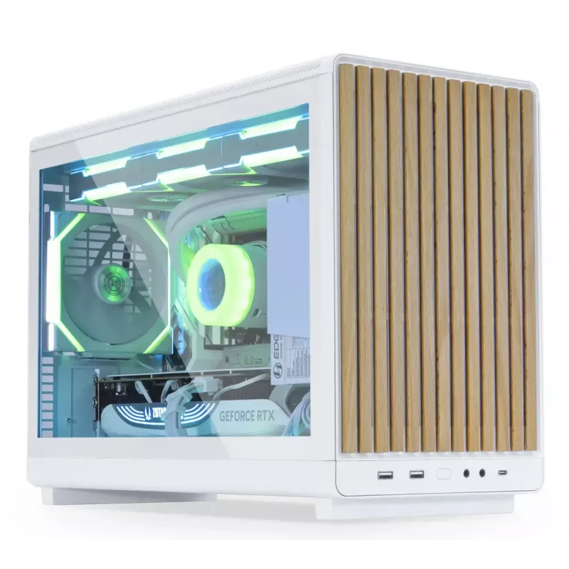 PC korpusas Lian Li A3-mATX Micro Tower — baltas su medžiu, palaiko ATX/SFX/SFX-L maitinimo šaltinius, Micro-ATX/Micro-ITX, 1x3,5 colio + 2x2,5 colio