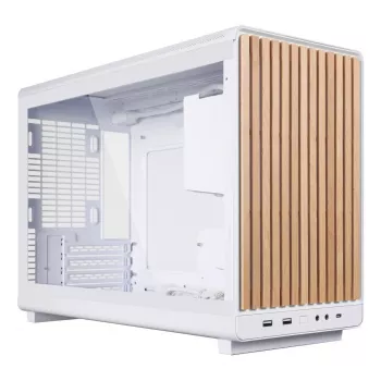 PC korpusas Lian Li A3-mATX Micro Tower — baltas su medžiu, palaiko ATX/SFX/SFX-L maitinimo šaltinius, Micro-ATX/Micro-ITX, 1x3,5 colio + 2x2,5 colio