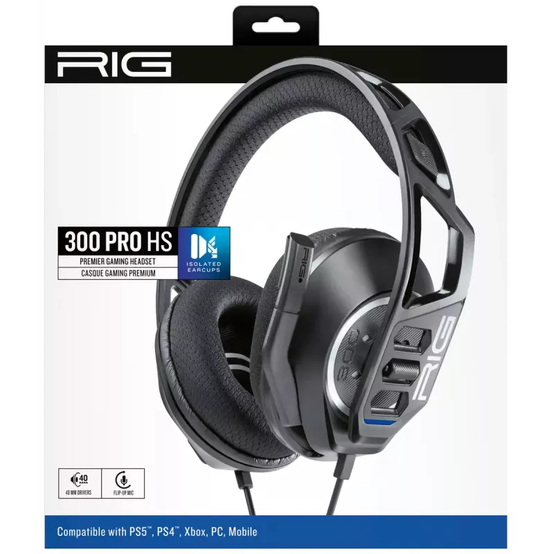 Ausinės nacon RIG 300 PRO HS — laidinės, galvos juostos tipo, žaidimams, ausis dengiančios, 20–20000 Hz, 1,2 m laidas, 233 g, juodos