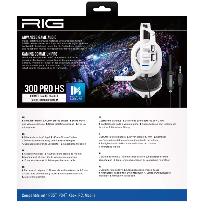 nacon RIG 300 PRO HS ausinės — laidinės, su galvos juosta žaidimų ausinės, ausis dengiančios, 20–20000 Hz, 1,2 m laidas, baltos