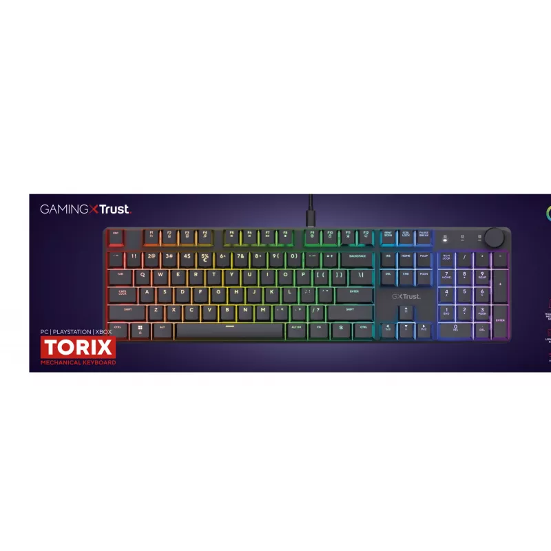 Mechaninė žaidimų klaviatūra TRUST GXT 866 TORIX USB pilno dydžio 104 klavišų QWERTY juoda RGB