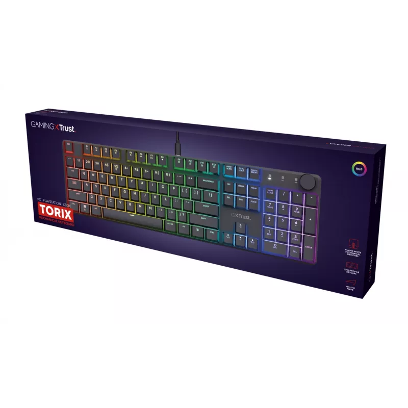 Mechaninė žaidimų klaviatūra TRUST GXT 866 TORIX USB pilno dydžio 104 klavišų QWERTY juoda RGB