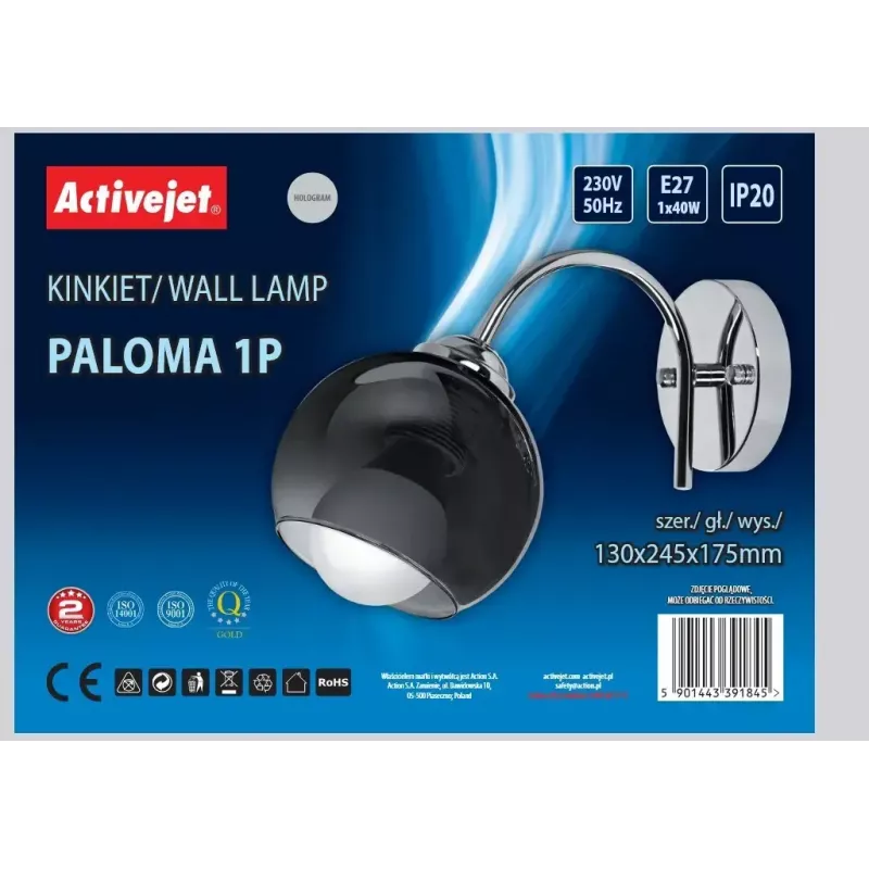 Sieninis šviestuvas ActiveJet AJE-PALOMA 1P — vienos lemputės E27 sieninė lempa, 1x40W, sidabrinė su juodu stiklu