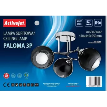 Pakabinamas šviestuvas ActiveJet AJE-PALOMA 3P E27, 3×40W, montuojamas ant lubų, sidabrinis, IP20, 440×250 mm