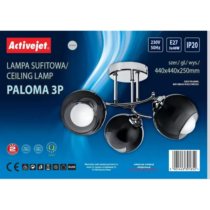 Pakabinamas šviestuvas ActiveJet AJE-PALOMA 3P E27, 3×40W, montuojamas ant lubų, sidabrinis, IP20, 440×250 mm