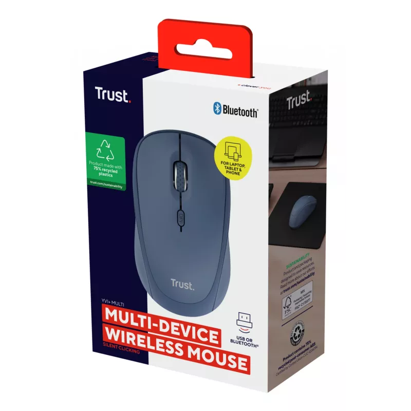 Trust Yvi+ pelė universali abiem rankoms tinkama RF belaidė + Bluetooth optinė 1600 DPI