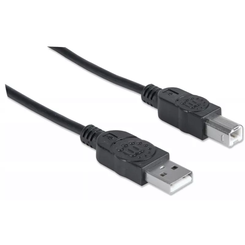 Manhattan USB-A į USB-B laidas, 3 m, kištukas–kištukas, 480 Mbps (USB 2.0), Hi-Speed USB, juodas, garantija visam naudojimo laikui, atitinka USB2HAB3M.