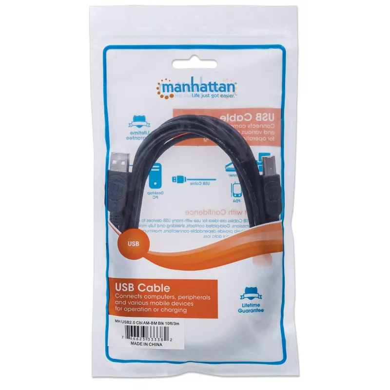 Manhattan USB-A į USB-B laidas, 3 m, kištukas–kištukas, 480 Mbps (USB 2.0), Hi-Speed USB, juodas, garantija visam naudojimo laikui, atitinka USB2HAB3M.