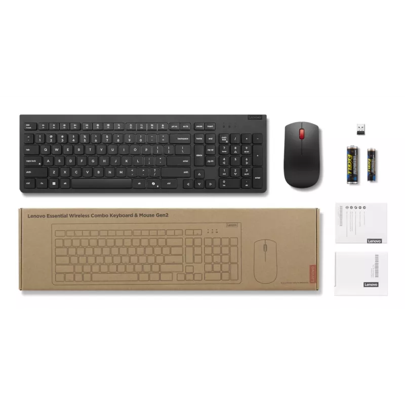 Belaidės klaviatūros ir pelės rinkinys Lenovo 4X31R64453 — kompaktiškas išdėstymas, USB belaidis imtuvas