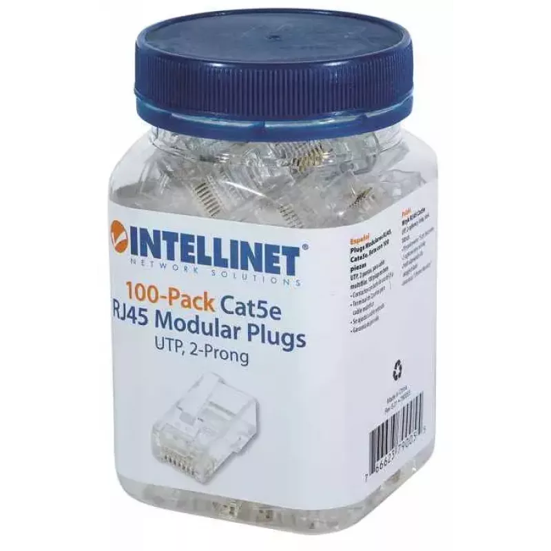 Intellinet RJ45 moduliniai kištukai, Cat5e, UTP, 2 kontaktų, daugiagysliam kabeliui, 15 µ auksu dengti kontaktai, 100 vnt. pakuotė