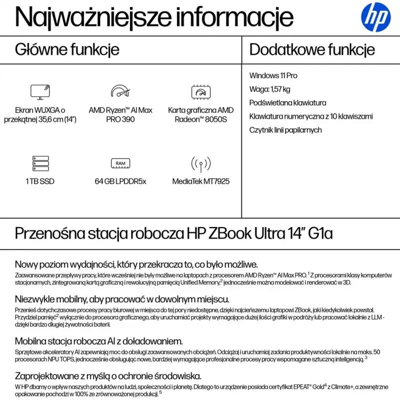 Mobili darbo stotis HP ZBook Ultra 14 G1a — 14,0 colio WUXGA IPS 400 nitų, AMD Ryzen AI Max PRO 390, 64 GB LPDDR5x-8533, 1 TB SSD, Radeon 8050S