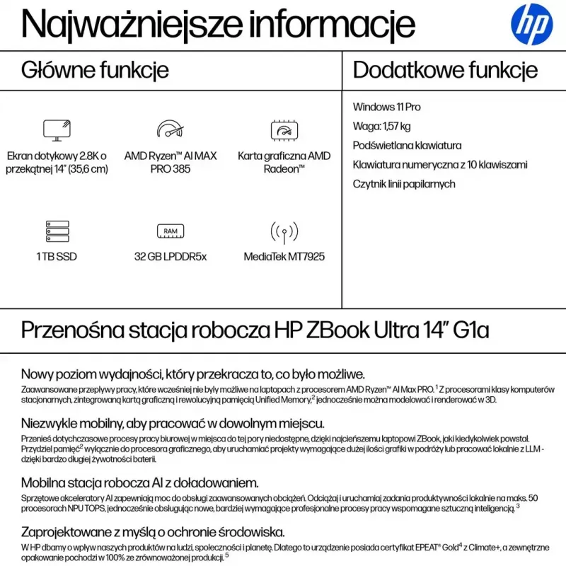 Mobilioji darbo stotis HP ZBook Ultra 14 G1a Ryzen AI Max PRO 390 — 14,0 colio 2.8K lietimui jautrus OLED, 32GB LPDDR5x-8533, 1TB SSD, Radeon 8050S