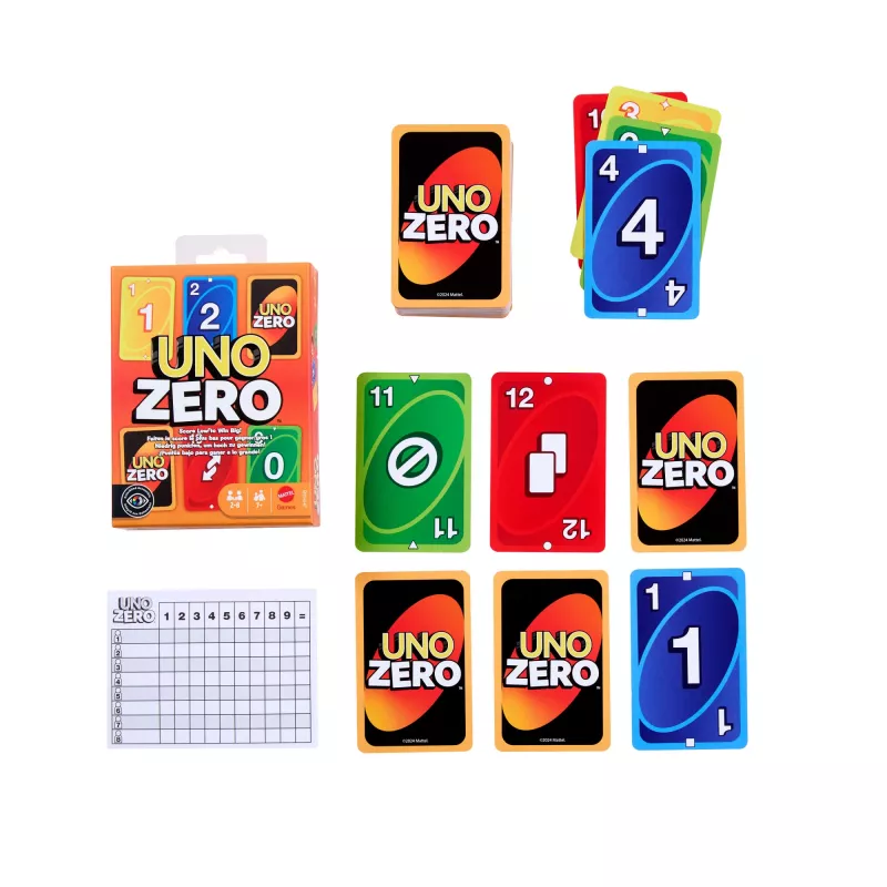 Kortų žaidimas MATTEL UNO Zero — atsikratymo tipo kortų žaidimas, amžius 7+, rinkinį sudaro kaladė ir rezultatų lapas
