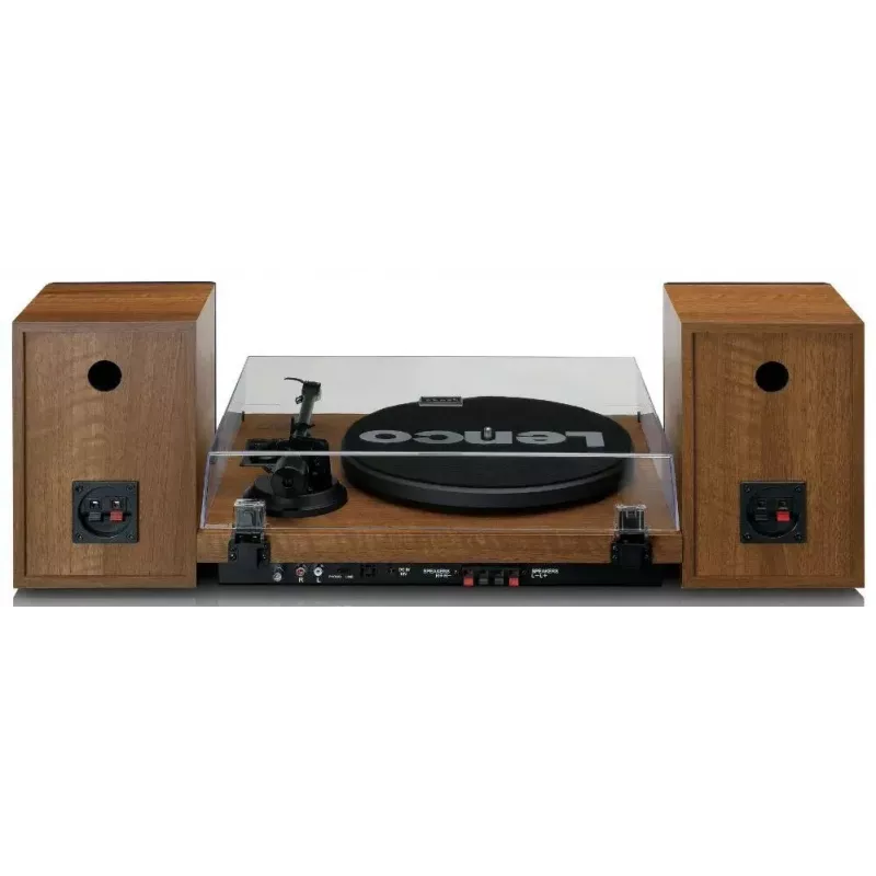 Patefonas Lenco LS-480WD su integruotu stiprintuvu, Bluetooth, diržine pavara, 33/45 RPM, 2×30W RMS, mediniais garsiakalbiais