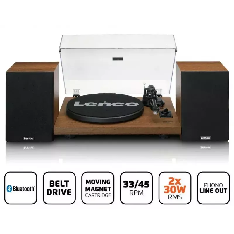 Patefonas Lenco LS-480WD su integruotu stiprintuvu, Bluetooth, diržine pavara, 33/45 RPM, 2×30W RMS, mediniais garsiakalbiais
