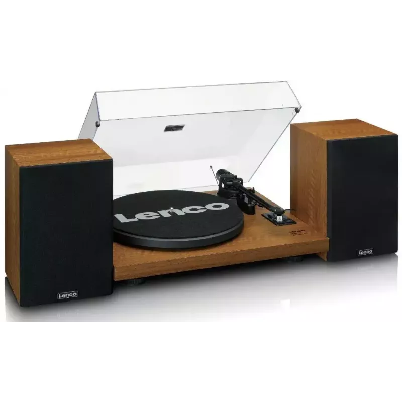 Patefonas Lenco LS-480WD su integruotu stiprintuvu, Bluetooth, diržine pavara, 33/45 RPM, 2×30W RMS, mediniais garsiakalbiais
