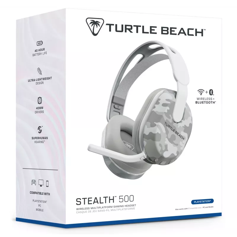 Turtle Beach Stealth 500 Arctic Camo PlayStation belaidės žaidimų ausinės su iki 40 val. baterija ir Bluetooth, skirtos PS5, PS4, PC ir mobiliesiems įrenginiams