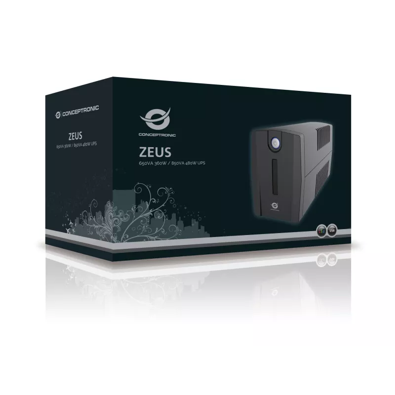 Conceptronic ZEUS 650VA 360W UPS, Schuko lizdas, Line-Interactive, 0.65 kVA, 360 W, 220 V, 240 V, 220 V