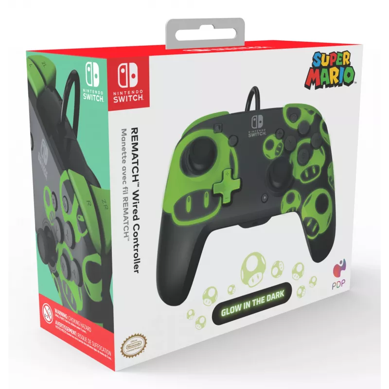 Žaidimų valdiklis PDP REMATCH Wired Controller 1-Up Glow in the Dark, skirtas Nintendo Switch, USB, 3 m laidas, D-pad, Pradžios mygtukas, Juoda/Žalia