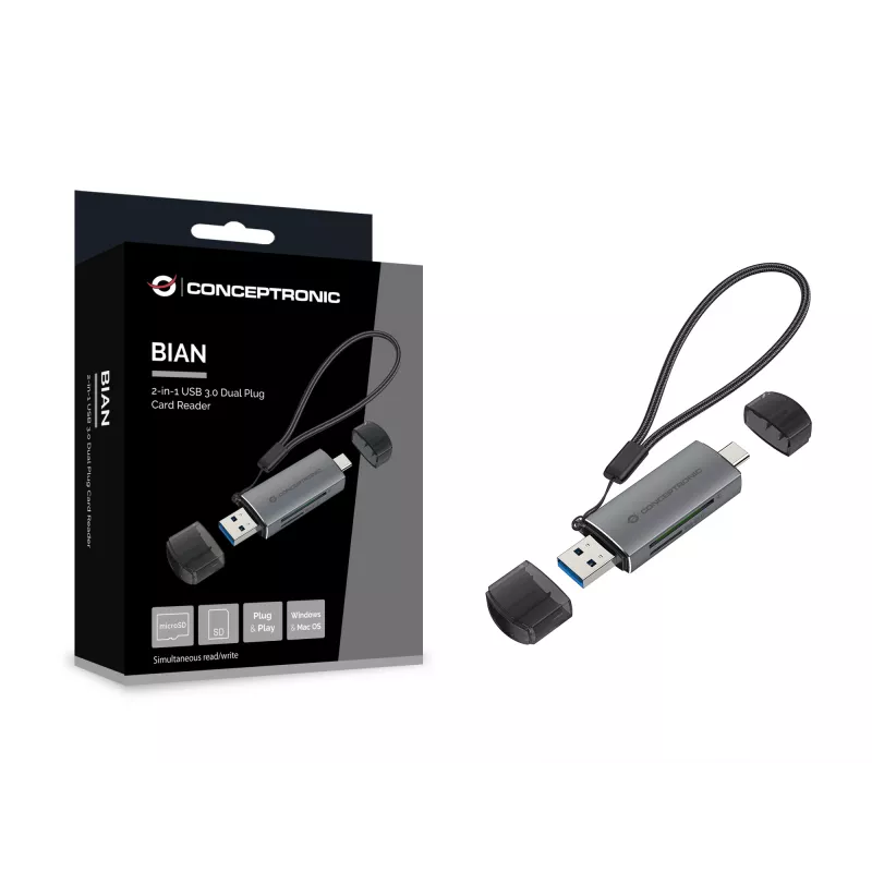Conceptronic BIAN05G 2-in-1 USB 3.0 dvigubos jungties kortelių skaitytuvas, SD/MicroSD 3.0, UHS-I