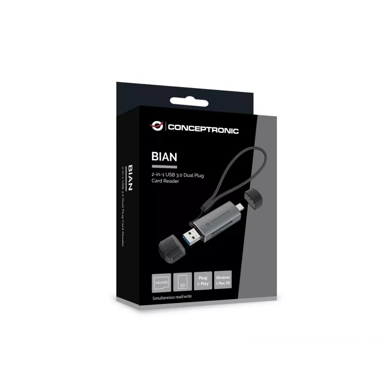 Conceptronic BIAN05G 2-in-1 USB 3.0 dvigubos jungties kortelių skaitytuvas, SD/MicroSD 3.0, UHS-I