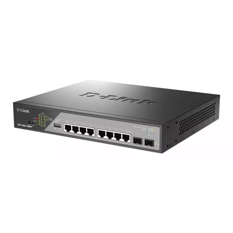 D-Link DSS-200G-10MPP tinklo jungiklis Valdomas L2 Gigabit Ethernet (10/100/1000) Power over Ethernet (PoE) 1U Juoda, Pilka