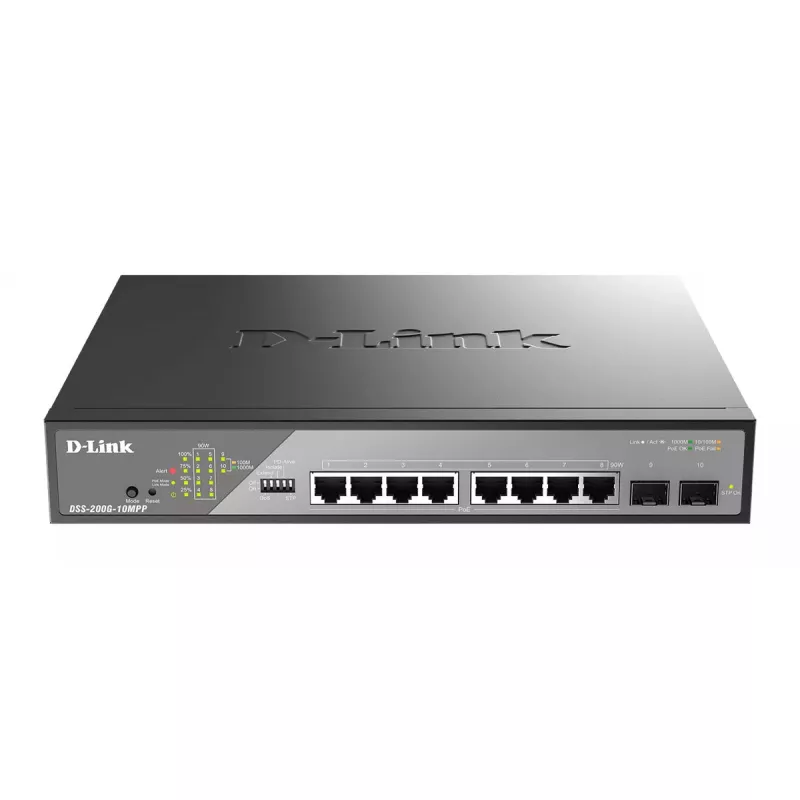 D-Link DSS-200G-10MPP tinklo jungiklis Valdomas L2 Gigabit Ethernet (10/100/1000) Power over Ethernet (PoE) 1U Juoda, Pilka