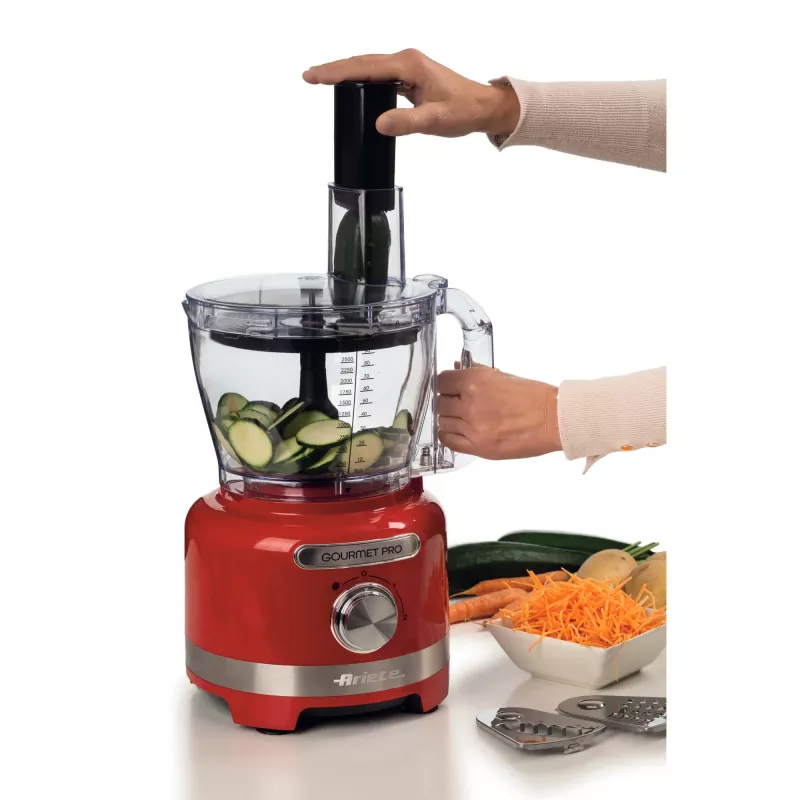 Ariete 1782 Gourmet Pro Moderna, virtuvės kombainas, 3 l malimo indas, 2 l trintuvas, 2 greičiai + pulsas, peilių komplektas + nerūdijančio plieno diskas, sulčiaspaudės priedas, raudona