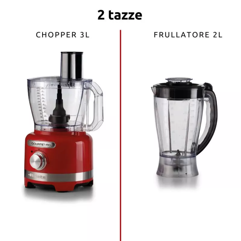 Ariete 1782 Gourmet Pro Moderna, virtuvės kombainas, 3 l malimo indas, 2 l trintuvas, 2 greičiai + pulsas, peilių komplektas + nerūdijančio plieno diskas, sulčiaspaudės priedas, raudona