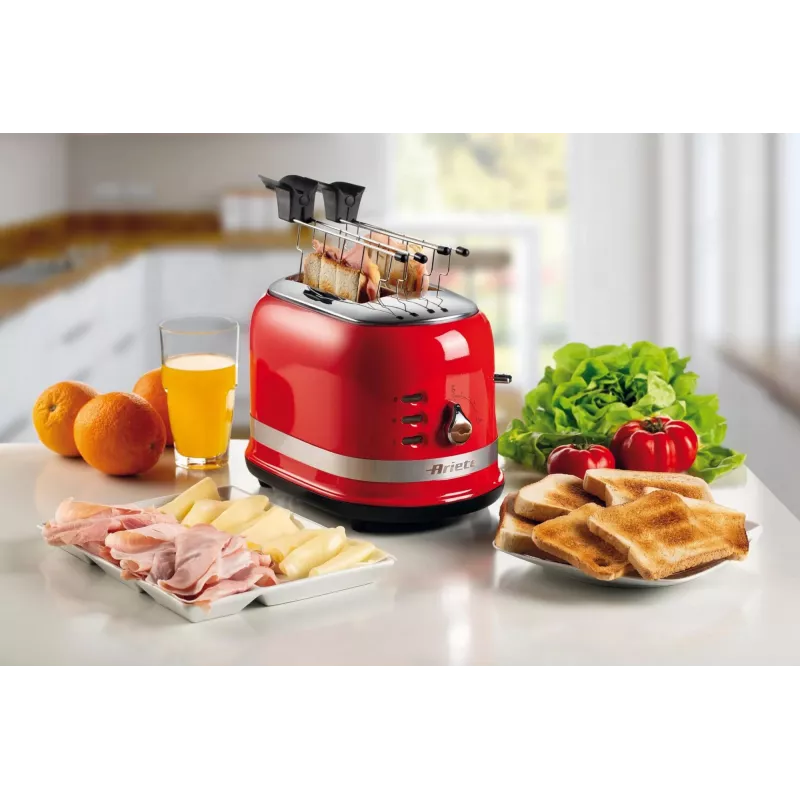 Ariete 149 skrudintuvas su žnyplėmis 2 riekelėms duonos – automatinis išmetimas – atitirpinimas – 6 skrudinimo lygiai – 800 W – Modern Line – raudonas