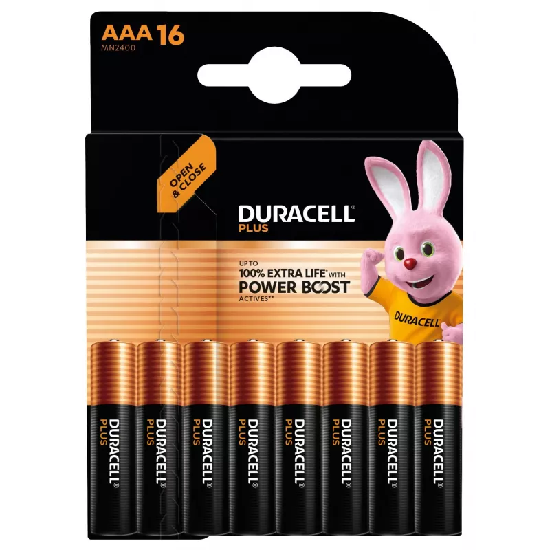 Vienkartinė šarminė baterija Duracell Plus AAA — 48 x 11 x 10 mm, pakuotės svoris 160 g