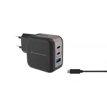 Conceptronic 3 prievadų 67 W GaN USB PD įkroviklis su USB-C įkrovimo kabeliu, USB-C x 2, USB-A x 1, QC 3.0, PPS