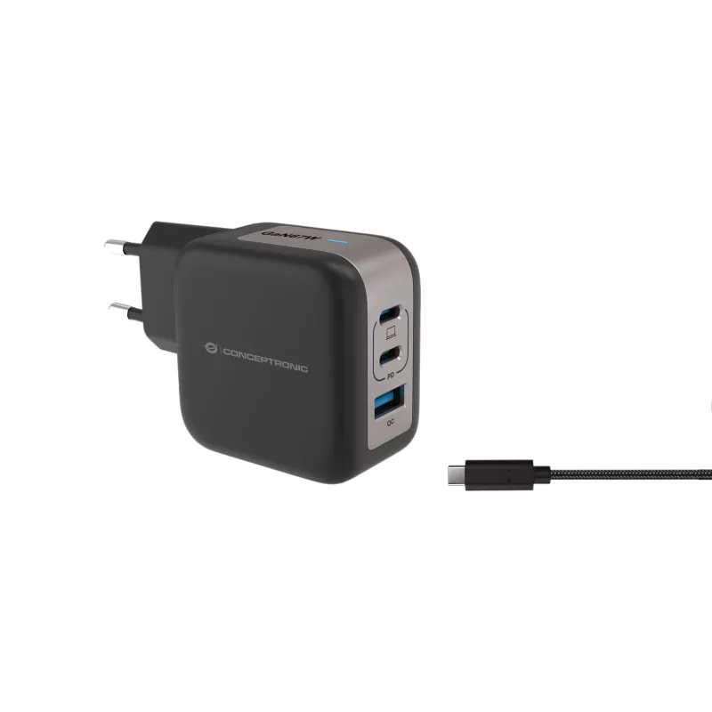 Conceptronic 3 prievadų 67 W GaN USB PD įkroviklis su USB-C įkrovimo kabeliu, USB-C x 2, USB-A x 1, QC 3.0, PPS