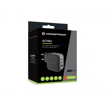 Conceptronic 3 prievadų 67 W GaN USB PD įkroviklis su USB-C įkrovimo kabeliu, USB-C x 2, USB-A x 1, QC 3.0, PPS
