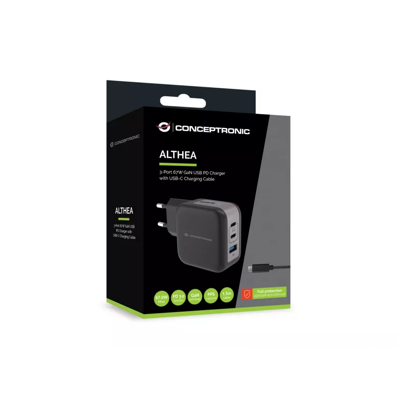 Conceptronic 3 prievadų 67 W GaN USB PD įkroviklis su USB-C įkrovimo kabeliu, USB-C x 2, USB-A x 1, QC 3.0, PPS