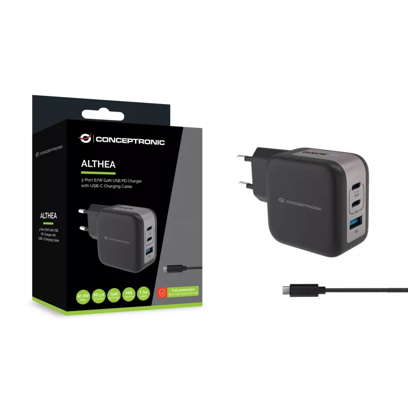 Conceptronic 3 prievadų 67 W GaN USB PD įkroviklis su USB-C įkrovimo kabeliu, USB-C x 2, USB-A x 1, QC 3.0, PPS
