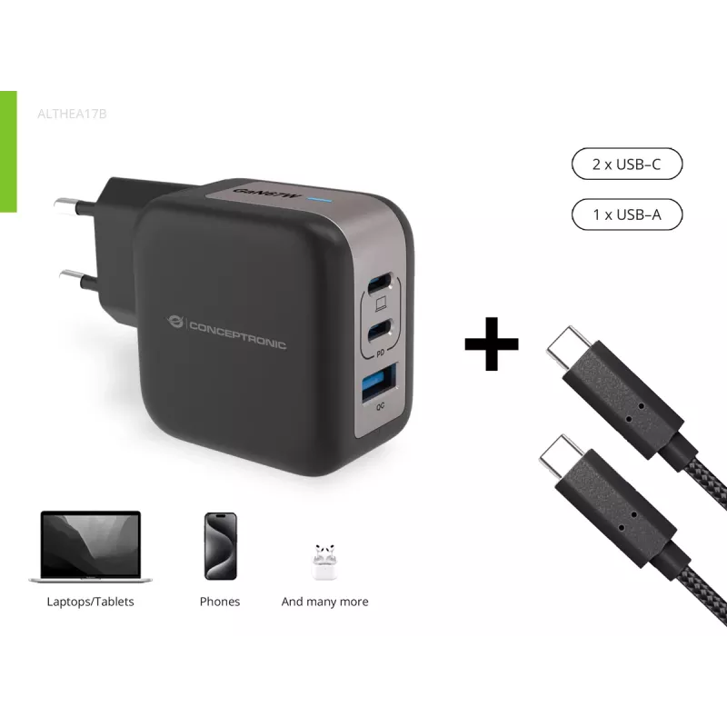 Conceptronic 3 prievadų 67 W GaN USB PD įkroviklis su USB-C įkrovimo kabeliu, USB-C x 2, USB-A x 1, QC 3.0, PPS