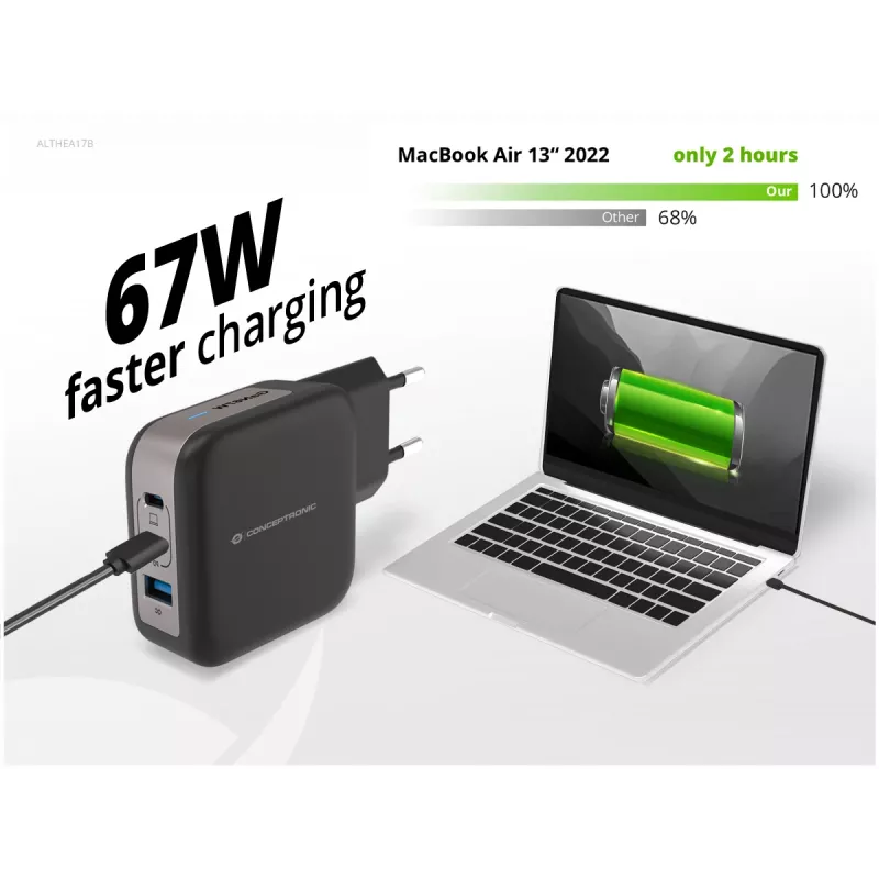 Conceptronic 3 prievadų 67 W GaN USB PD įkroviklis su USB-C įkrovimo kabeliu, USB-C x 2, USB-A x 1, QC 3.0, PPS