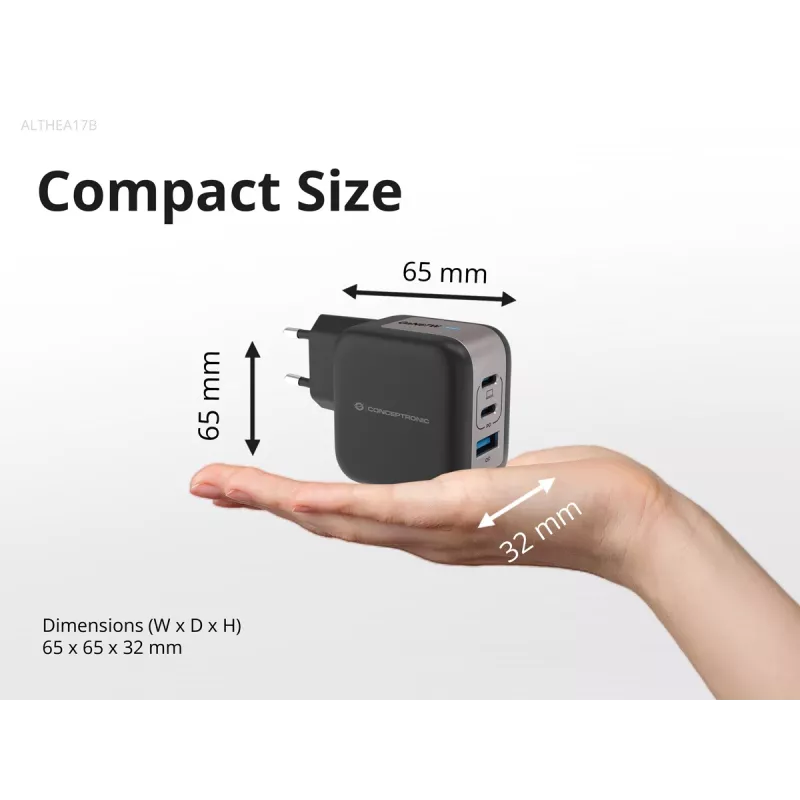 Conceptronic 3 prievadų 67 W GaN USB PD įkroviklis su USB-C įkrovimo kabeliu, USB-C x 2, USB-A x 1, QC 3.0, PPS