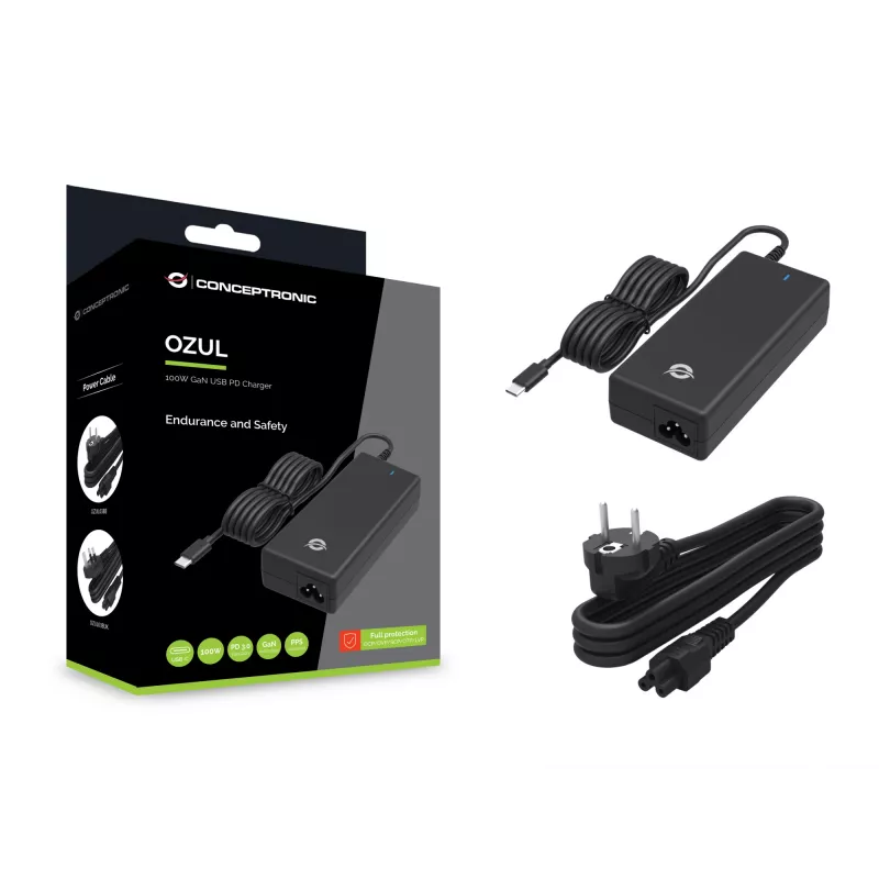 Conceptronic OZUL03BE 100 W GaN stalinis USB PD įkroviklis, universalus, vidaus, 100–240 V, 50–60 Hz, 100 W, 5–20 V