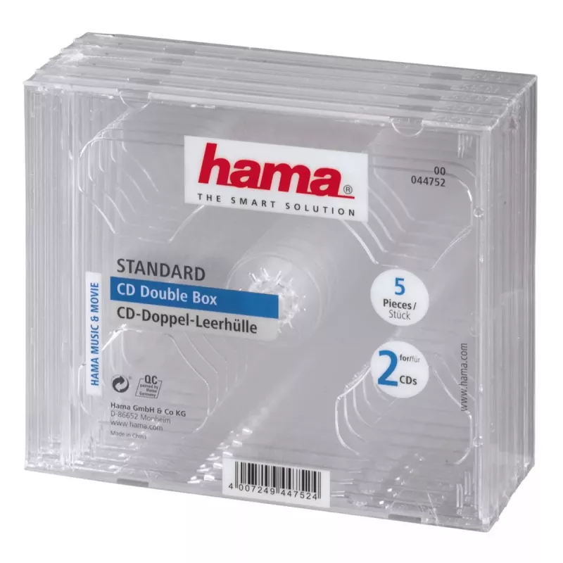 CD Dvigubas Juvelyro Dėklas Hama 44752 Pakuotėje 5 Vnt., Skirtas 2 Diskams, Skaidrus