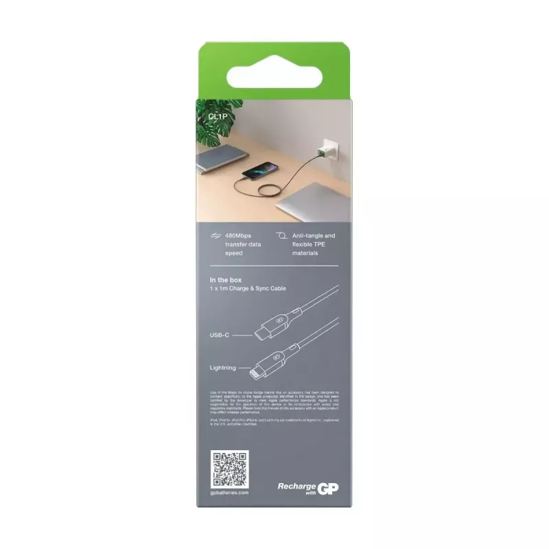 Kabelis GP baterijos CL1P 1m Pilkas Lightning USB C