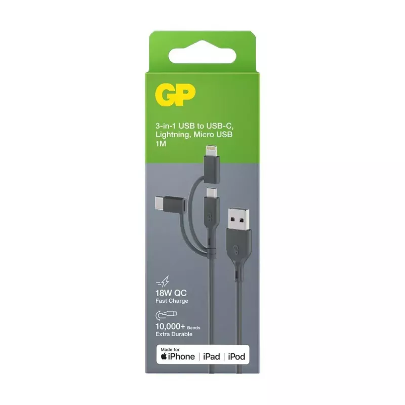 USB kabelis GP baterijos CY1N 1m USB A USB C/Micro-USB B/Lightning Pilka
