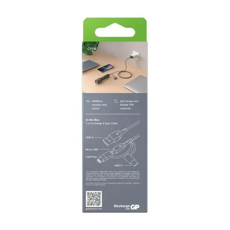 USB kabelis GP baterijos CY1N 1m USB A USB C/Micro-USB B/Lightning Pilka